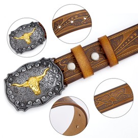 BISON DENIM Men's Western Double embossed leather belts with golden Cowboy Longhorn Bull Pattern Floral Engraved Buckle Belt studded buckle replaceable belt buckle