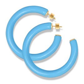 Yellow Gold Plated Sterling Silver Glossy Bright Blue Resin Large Open Hoop Earrings for Women