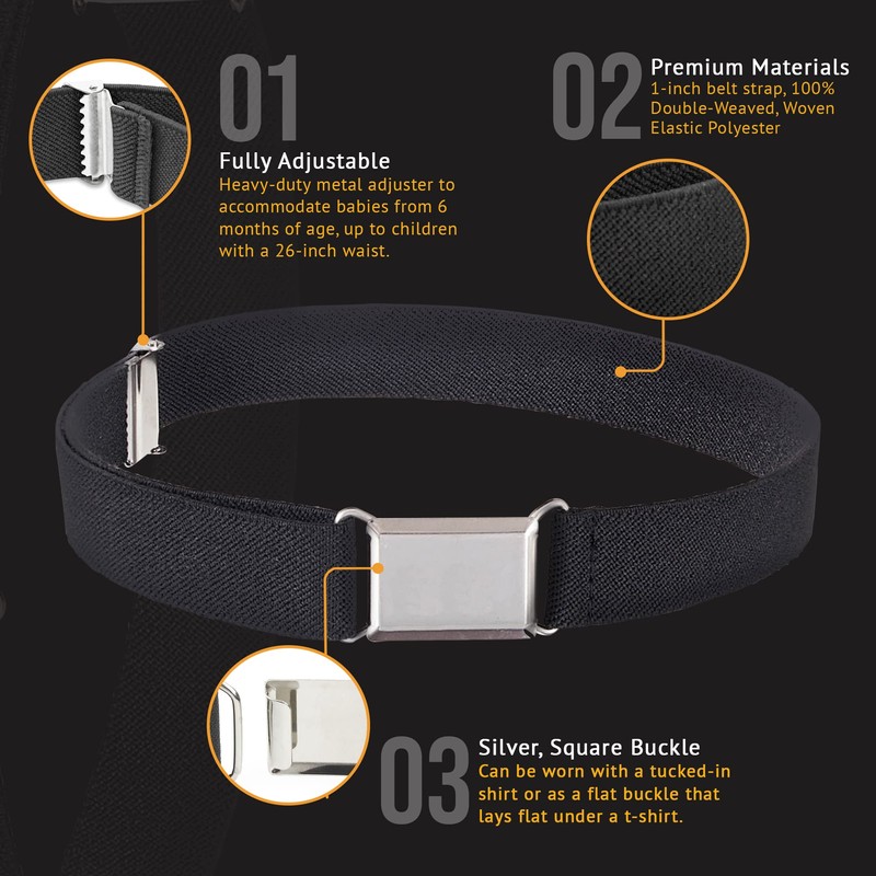 HOLD’EM Kids Belts for Boys Silver Square Buckle - Black