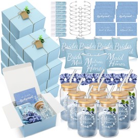 FillTouch 64 Pcs Bridesmaid Proposal Gifts Set Include Wedding Gift Box Glass Cup Makeup Bags Invited Cards Lip Balm Scrunchies Hair Knotted Bracelets for Maid of Honor Gifts(Blue)