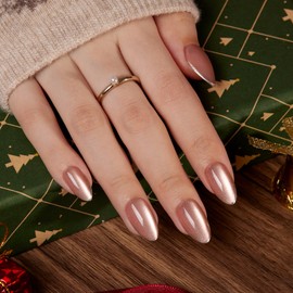 VSALON Press on Nails Short Almond - Pink Cat Eye Glitter Metallic Tip Fake Nails Kit for Woman, Reusable Opaque Gel Chrome Glue on Nails with Glue & Cuticle Oil - 32 PCS Stick on Nails in 16 Sizes