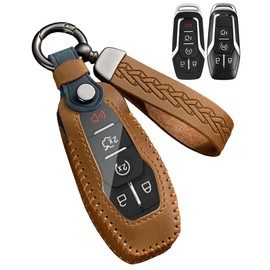 YINEOR for Ford Key Fob Cover Leather Car Key Case Protector Keychain Smart Key Fob Holder Compatible for Mustang Explorer F150 Edge Fusion Lincoln MKZ MKC MKX (Brown)