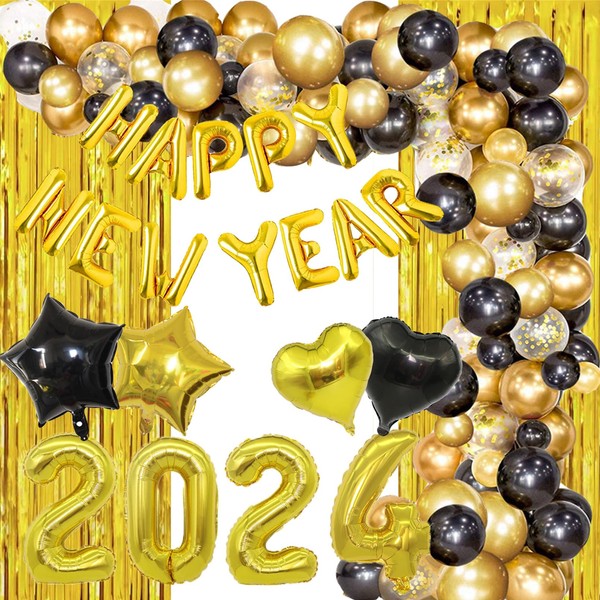 Happy New Year Decorations, 2024 Happy New Year Balloons with 2024 Balloons Black and Gold Balloons Arch Gold Curtain for 2024 Happy New Year Supplies Decorations