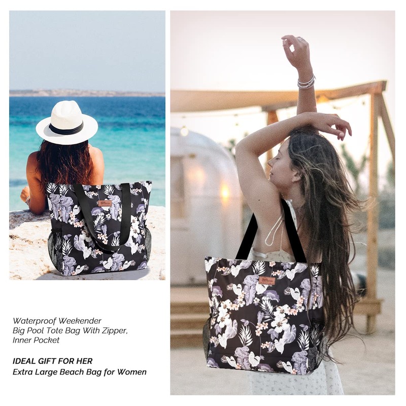 HOMESPON Large Waterproof Beach Tote Bag with Zip and Pockets