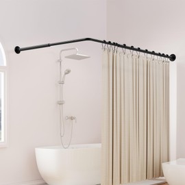 Curved Shower Curtain Rod, L Shaped Corner Shower Rod [24"-37"] x [24"-37"] Adjustable, Stainless Steel 90 Degree Angled Shower Curtain Rod with 12 Hooks & Ceiling Support, No Sagging & Rustproof
