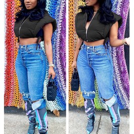 Bnigung Women's Cropped Puffer Vest Tie Sleeveless Zip Up Hoodies Coats Filled Fluffy Bread Waistcoats Outerwear(Black,XL)