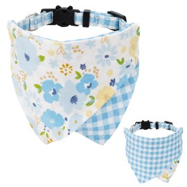 Gyapet Cat Collar with Bandana Detachable Tie Scarf Two-Sided Floral Flower Plaid Bell Safety 7-11in Blue