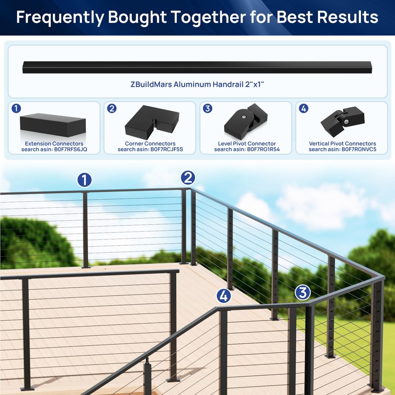 1 Pack 8FTx 2"x1" Aluminum Black Handrail with Self Drilling