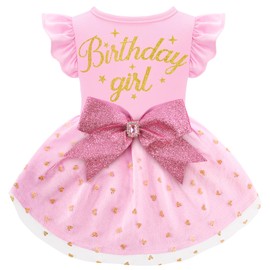 Dog Birthday Girl Dress Ruffle Dog Dress with Sparkly Pink Bowknot Tulle Birthday Princess Pet Clothes for Small Medium Large Dogs Girls Boys Cats Outfit Apparel