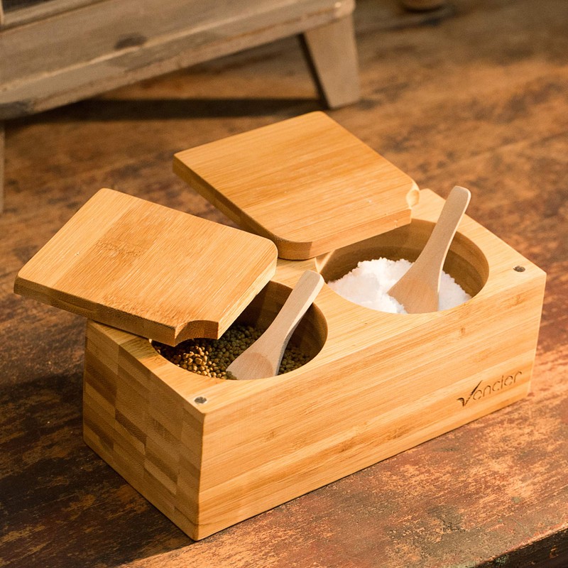 Vencier Bamboo Spice Salt & Pepper Box Magnetic Hinged Pot