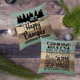 NEGIGA Rustic Wood Happy Camper Camping Rules Throw Pillow Covers 18x18 Inch Set of 2,Camper Camping Rules Decor Decorative Throw Pillow Cases Pillowcases,Camper Gifts for Camper Lover Women Men