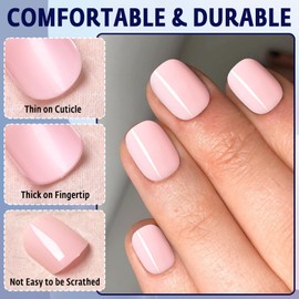 Bellelfin 120pcs Short Press on Nails Peach Pink Full Cover Short Square Glossy Fake Nails Acrylic Artificial False Nail Tips with 5 Sheets Adhesive Glue Tabs for Women and Girls Fingernails Design