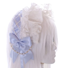 C-06-7 Light Blue Braid Maid Lolita Headband with Bow Pearl Necklace Gothic Hair Accessories