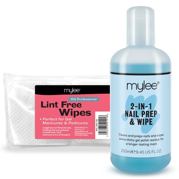 Mylee Gel Prep & Wipe Gel Nail Polish Finishing Wipe Residue Cleaner Remover 250ml + 100x Lint Free Wipes Kit, Preparation & After Care, UV LED Gel Polish Base Pre & Post Wipe, Sanitising & Removing Tacky Layer