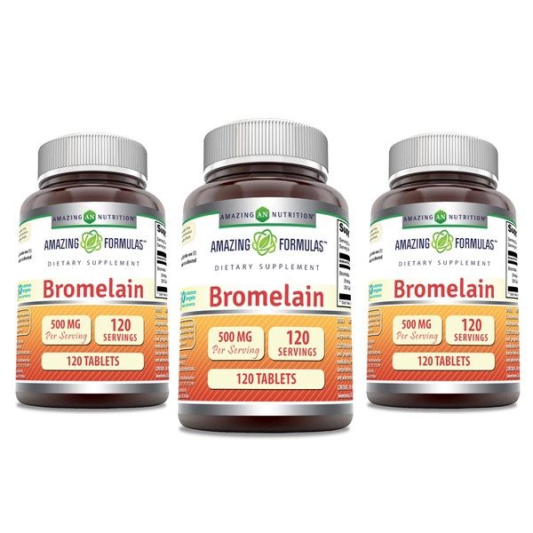 Amazing Formulas Bromelain 500 Mg 120 Tablets Supplement | Pack of 3 | Non-GMO | Gluten Free | Made in USA