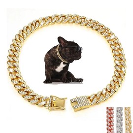Gold Chain Dog Collar, Glitter Rhinestone Sparkly Diamond Jewelry Metal Necklace Cuban Link Bling Puppy Collars for Small Medium Large Pet Dogs Cats, 10 inch