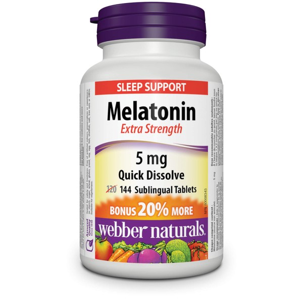 Webber Naturals Melatonin 5 mg Extra Strength, 144 Quick Dissolve Tablets, For Sleep Support, Vegetarian