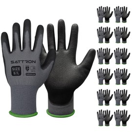 Safety Work Gloves PU Coated, 12 Pairs, Seamless Knit Gloves with Polyurethane Coating Working Gloves Excellent Grip for Men & Women, Ideal for General Duty Work (Grey, Large)