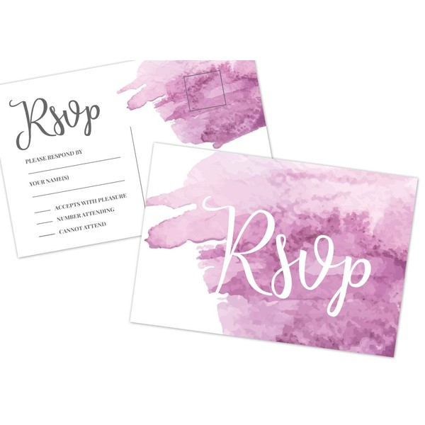 50 RSVP Cards, Blank, No Envelopes Required, Purple Watercolor, Wedding,