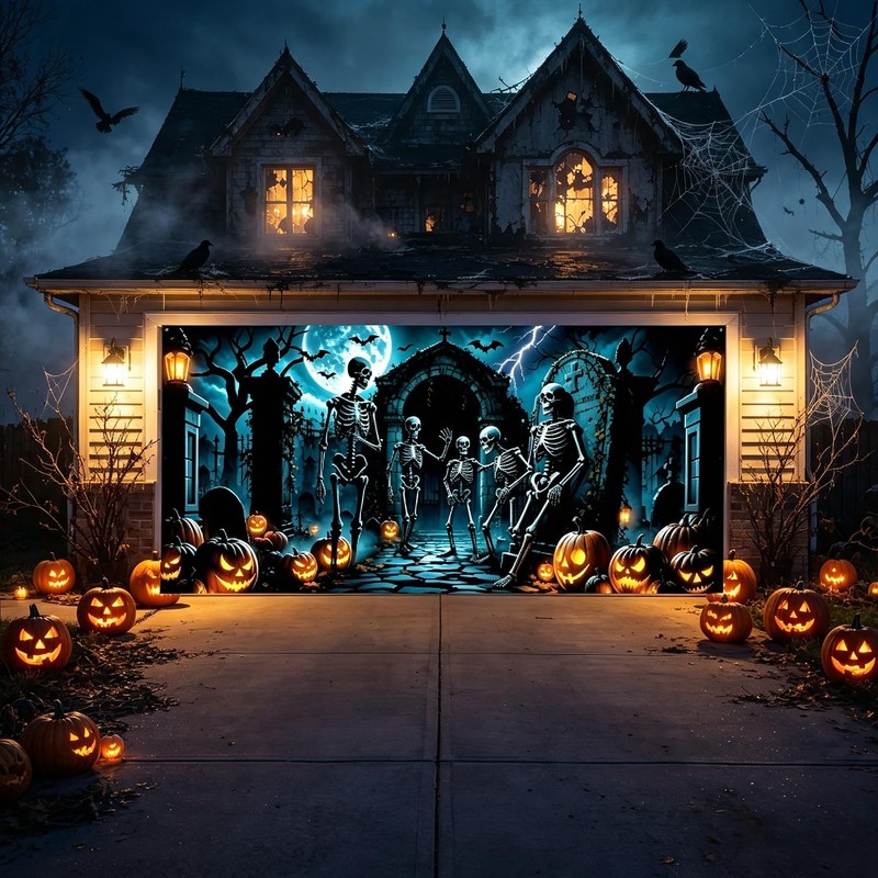 7 x 16 ft Halloween Garage Door Cover, Skull Garage