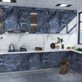 48"x197" Extra Wide Blue Marble Wallpaper Peel and Stick Countertops for Kitchen Dark Marble Wall Paper Countertop Vinyl Wrap Glossy Waterproof Marble Vinyl Wrap Counter Top Covers for Cabinets