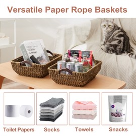 FairyHaus Hand-Woven Wicker Storage Basket with Natural Wooden Handles Set of 2, Recyclable & Renewable Paper Rope, 15x10x5 Wicker Baskets for Storage, Brown