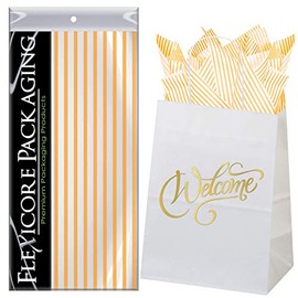 Flexicore Packaging White Kraft Paper Welcome Bags & Tangerine Gift Wrap Tissue Paper | Size: 8 Inch X 4.75 Inch X 10.5 Inch | Count: 50 Bags | Color: Tangerine Pin Stripe
