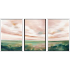 SIGNWIN Framed Canvas Print Wall Art Set Pastel Watercolor Pink Cloud Sky Green Countryside Hill Nature Wilderness Illustrations Modern Art Decorative Scenic Relax/Calm for Bedroom - 24"x36"x3 White