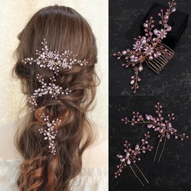 SELFCLOUD Brides Rhinestone Flowers Hair Comb Crystals Hair Pins Bridal Wedding Hair Accessories Hair Piece Jewelry Headpiece for Brides Wedding Women and Girls Proms (3PCS) (GOLD+LIGHT PINK)