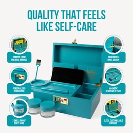 The OG Stash Storage Box - Large Bamboo Box with Combination Lock, Magnetic Lid, Organizer Tray, 3 Jars, Brush and Tube - Decorative Wooden Locked Storage Box with Accessories (Teal/Gold)