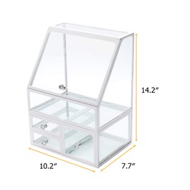 MOOCHI White Vintage Glass Cosmetic Makeup Organizer 3 Drawers Set Dust Waterproof Cosmetics Storage Display Case Countertop for Brushes Lipsticks Jewelry