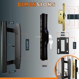 T-HAKEN Sliding Glass Door Handle Replacement Kit, 3‑15/16" Screw Spacing, All- Aluminum, Mortise Style, Reversible, Non-Keyed, Fits 1‑3/8"–1‑3/4" Doors. (Black - Straight Handle with Key)