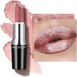 Anglicolor Labial Nude Rosa MetáLico Nacarado Brillo 3D Hidratante Pale Pink Lipstick,Color Intenso,Fórmula Cremosa Ligera y Suave,Mantiene Labios Hidratados,No Pegajoso (07 PURE ENVY)