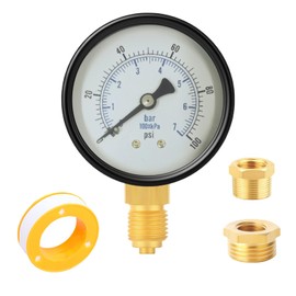 0-7 Bar (0~100 Psi) Well Pump Pressure Gauge, Diameter 62 mm Pressure Gauge for Pressure Vessel, Male Thread 1/4 Inch Pressure Gauge with 1 Piece 3/8 Inch and 1 Piece 1/2 Male Thread Socket Adapter