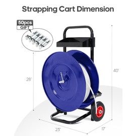 Premium Blue Heavy-Duty Banding Cart with Anti-Retreat Pulleys – Industrial-Grade Steel Dispenser for 9.5"-15.7" PET Coils- 50 Packing Buckle Free