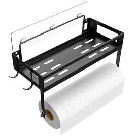 ESOW Paper Towel Holder with Shelf Storage, 2-in-1 Wall Mounted Paper Towel Roll Rack Basket for Kitchen, Balcony & Bathroom, Self-Adhesive or Drilling Installation, SUS304 Matte Black Finish