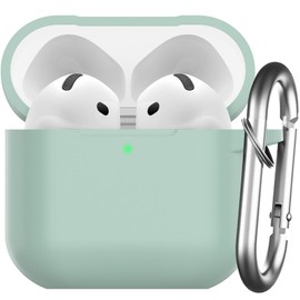 Nemteur für AirPods 4 Hülle 2024, Schützende Silikon Case für AirPods 4th 2024 Skin Front LED Sichtbar Silikon Hülle mit Karabiner, Cloud Grey