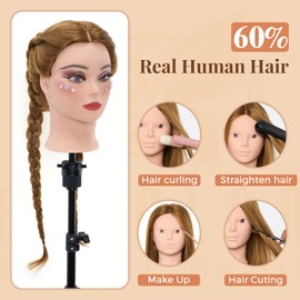 Mannequin Head with 60% Real Human Hair, 28 Inch Make up Cosmetology Manikin Practice Head with Hair,Braiding Hairdressing Doll Head for Hair Styling with Table Clamp + DIY Hair Styling Set