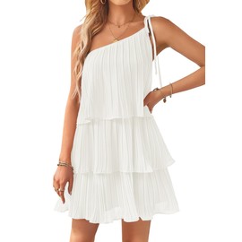 ZESICA Women's Boho Summer One Shoulder Sleeveless Ruffle Tiered Layered Chiffon Pleated A Line Flowy Mini Dress,Ivory,X-Large