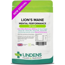 Lindens - Lion’s Mane - 4000mg - 180 Tablets | UK Made | High-Strength Lion’s Mane Mushroom Extract with B Vitamins & Black Pepper | Vegan