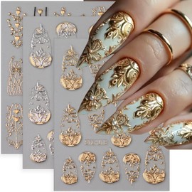 5D Embossed Flower Nail Art Stickers 3 Sheets Metallic Retro Totem Nail Decals Gold Silver Flowers Heart Tree Nail Stickers Luxury Nails Design Supplies French Tip Manicure Accessories for Women DIY