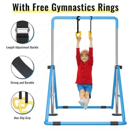 WATBKHE Gymnastic Bars for Kids, Horizontal Bars with Adjustable Height, Folding Gymnastic Training Kip Bar with Rings, Expandable Bars for Boys and Girls, Gymnastic Training Equipment(Blue-Ring)