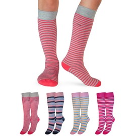OCERA Children's Thermal Knee Socks, 4 Pairs of Winter Socks for Girls and Boys, with Inner Terry Cloth and Breathable Cotton Wool, for Skiing, Snowboarding and Hiking, 4 x striped pink tones