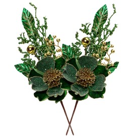 2 Pcs Christmas Glitter Magnolia Flowers Picks and Spray, Artificial Christmas Poinsettia Picks with Balls Ornament Berries Leaves Branches for Xmas Tree Vase Fillers Centerpiece Decor (Green)