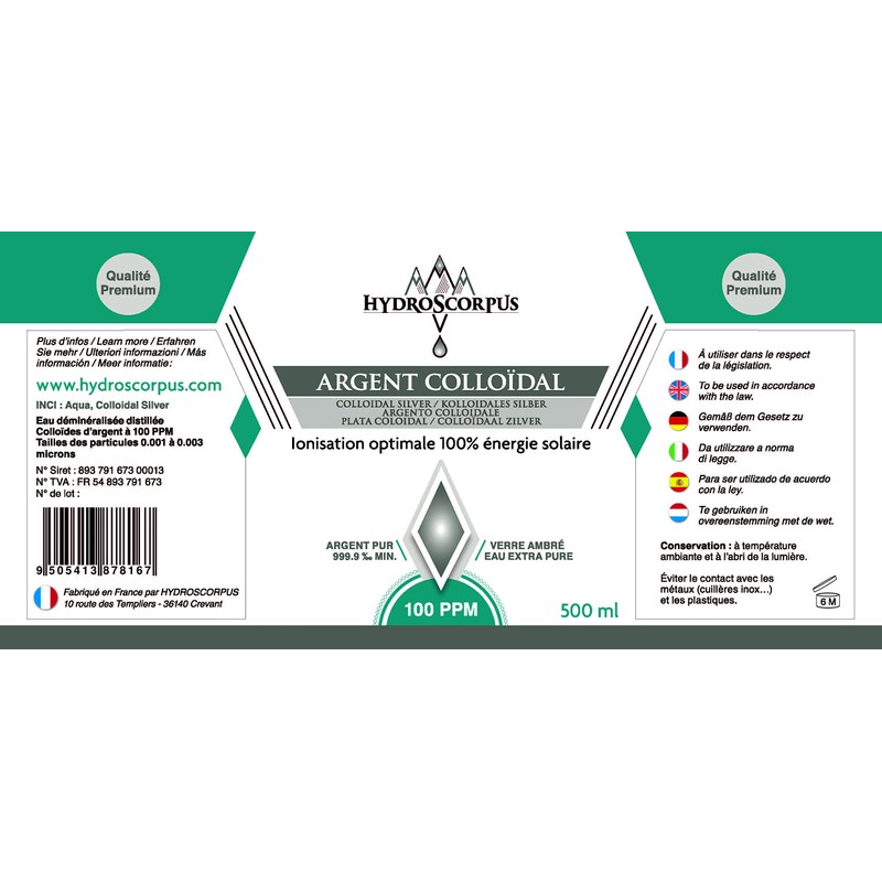 Colloidal Silver 100PPM 500 ml Glass Oligo Element Organic Available