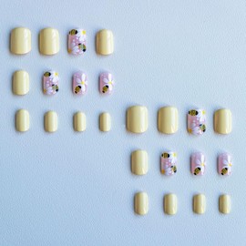 Square Flowers Press on Nails Short Square Yellow Fake Nails Glossy Finished False Nails with White Flower Bee Designs Cute Acrylic Nails Spring Summer Flower Glue on Nails Reusable Stick on Nails