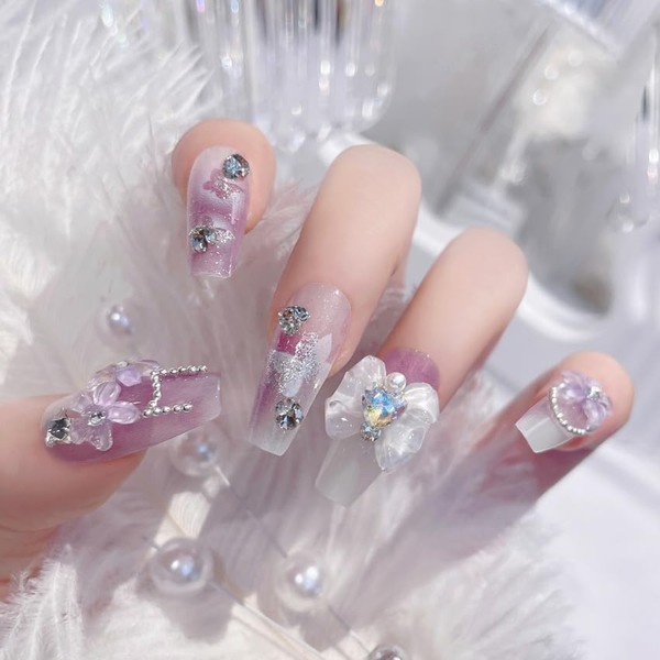 24PCS Press on Nails，Fake Nails， Glue on Nails， Reusable Short