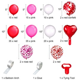 Pfylinqo Valentine's Day Party Arch and Garland Balloons Kit, 145pcs Pink Red White Latex Balloons and Red Heart-Shape Mylar Foil Balloons for Valentine's Wedding Engagement Love for Mom Party