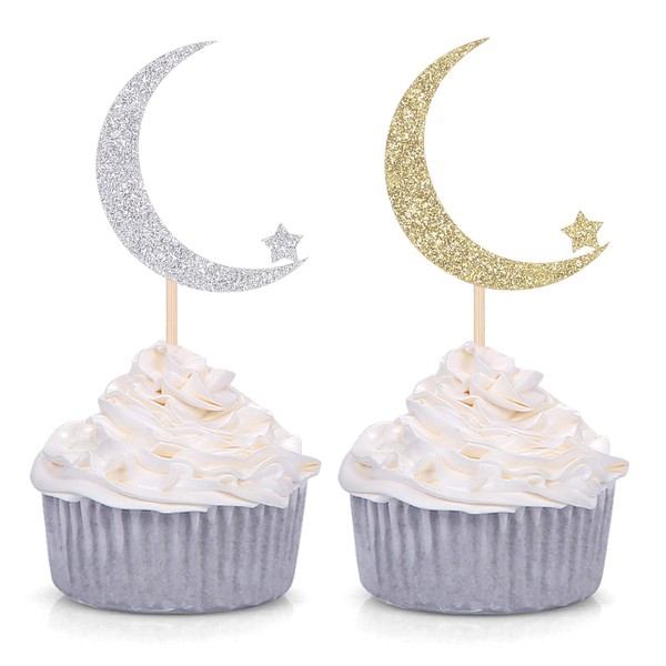Handmade Twinkle Twinkle Little Star Cupcake Toppers Baby Shower Decoration Star and Moon Picks - Silver and Gold (24 Counts)