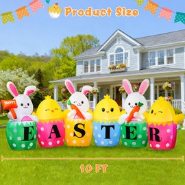 10 FT Easter Inflatables Bunny, Cute Rabbits with Carrots, Eggs, Chicks & Happy Easter Letters, Large Easter Blow Up Outdoor Decors, Built-in LED Lights for Yard, Lawn, Garden, Home Party